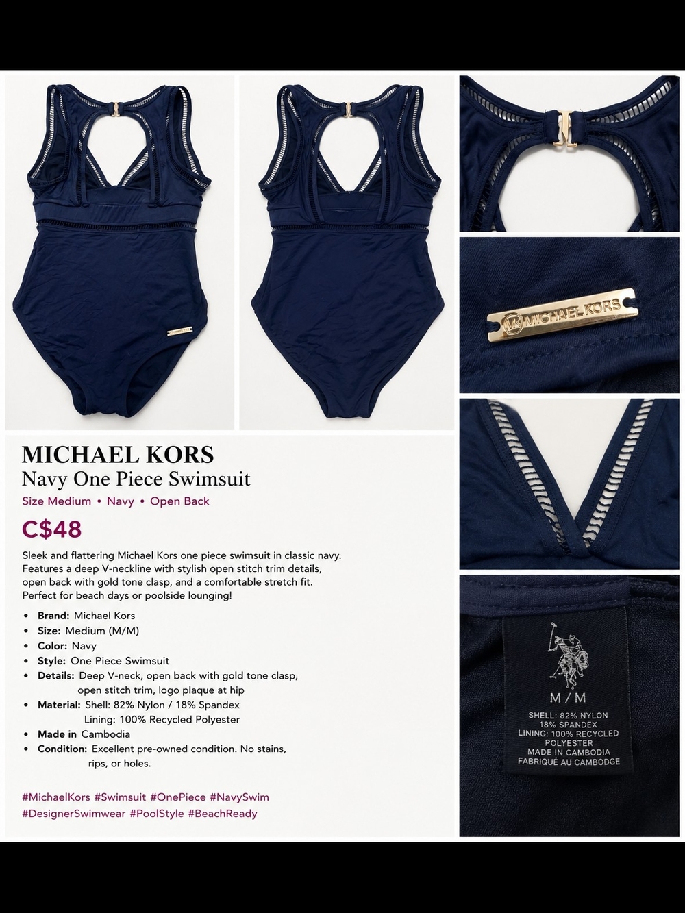 Michael Kors Navy One-Piece Swimsuit with Open Back